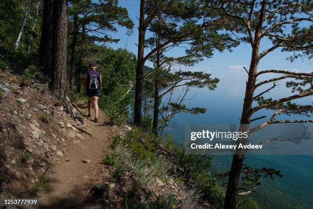 wanderfrau mit hund - baikal stock-fotos und bilder