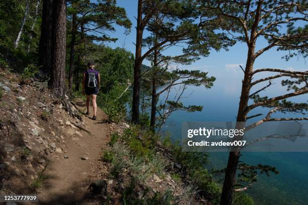 hiking woman with dog - lake baikal stock pictures, royalty-free photos & images