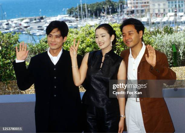 Kevin Li, Gong Li and Leslie Cheung attend the 49th Cannes film Festival in May 1996, in Cannes, France.