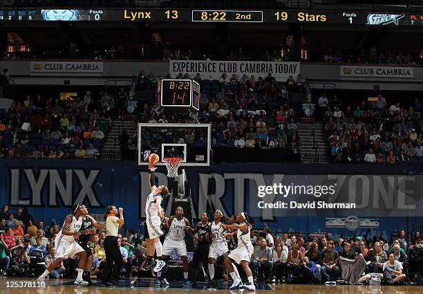 Lindsay Whalen of the Minnesota Lynx lays up the ball against the San Antonio Silver Stars in Game One of the Western Conference Semifinals during...