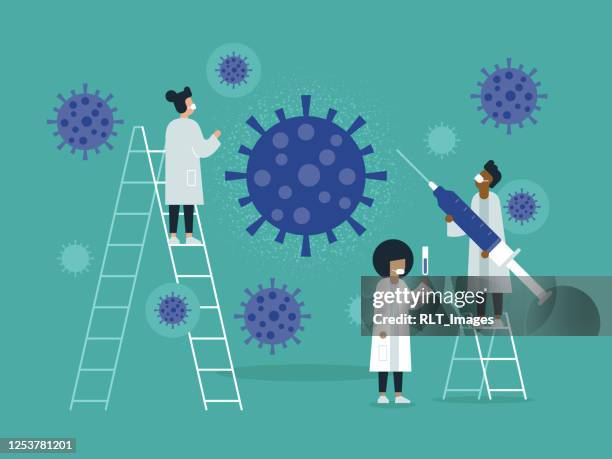 ilustraciones, imágenes clip art, dibujos animados e iconos de stock de ilustración del equipo de investigación médica que estudia el coronavirus - virology