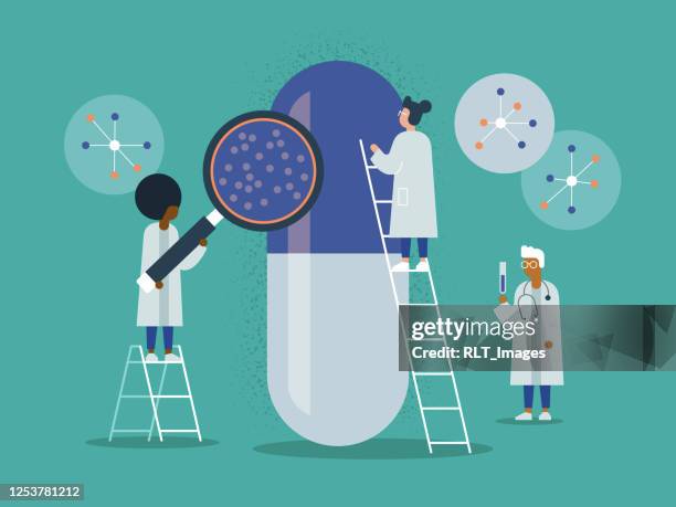 illustration of medical research team studying prescription drug - pill stock illustrations