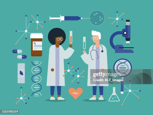 ilustraciones, imágenes clip art, dibujos animados e iconos de stock de ilustración de dos investigadores médicos entre equipos de laboratorio - muestra médica