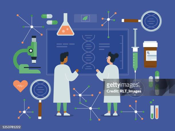 illustration of two medical researchers among laboratory equipment - med students stock illustrations