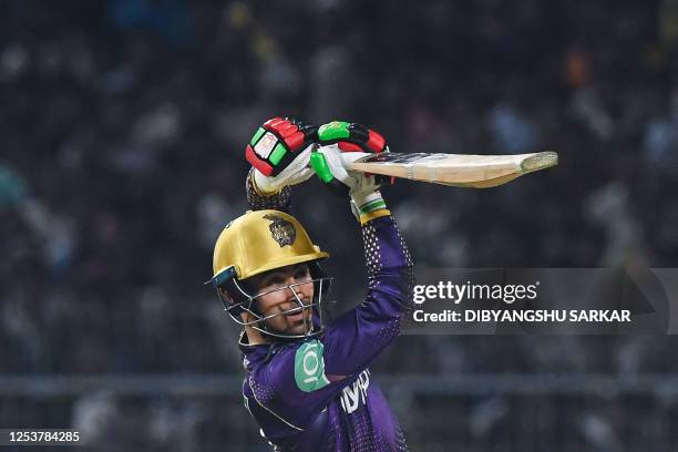 Kolkata Knight Riders' Rahmanullah Gurbaz plays a shot during the Indian Premier League Twenty20 cricket match between Kolkata Knight Riders and...