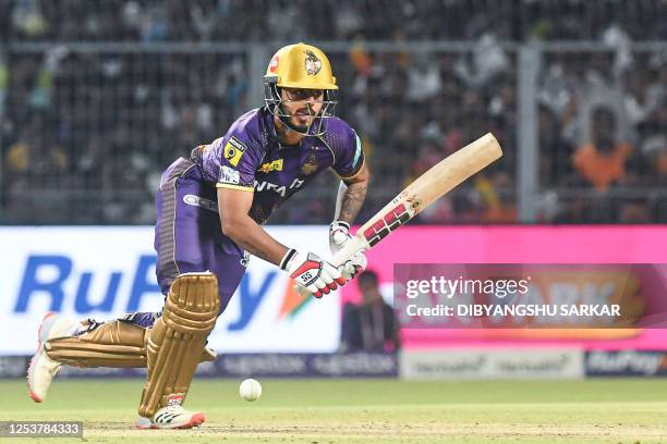 Kolkata Knight Riders' Nitish Rana plays a shot during the Indian Premier League Twenty20 cricket match between Kolkata Knight Riders and Rajasthan...