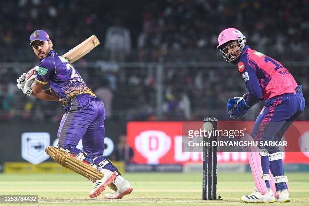 Kolkata Knight Riders' Nitish Rana plays a shot during the Indian Premier League Twenty20 cricket match between Kolkata Knight Riders and Rajasthan...