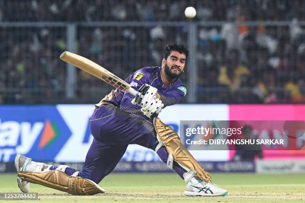 Kolkata Knight Riders' Venkatesh Iyer plays a shot during the Indian Premier League Twenty20 cricket match between Kolkata Knight Riders and...