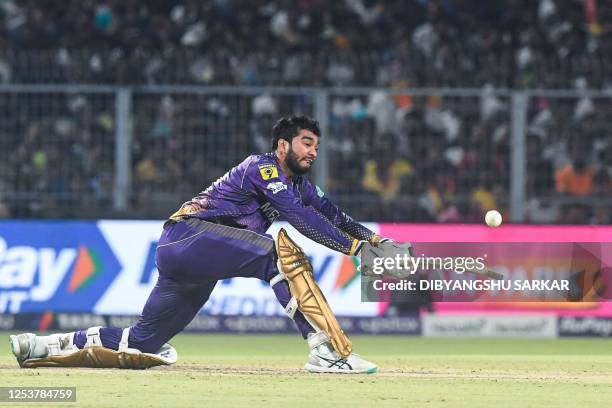 Kolkata Knight Riders' Venkatesh Iyer plays a shot during the Indian Premier League Twenty20 cricket match between Kolkata Knight Riders and...