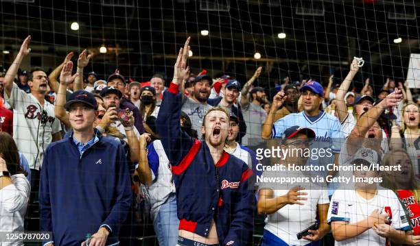 Atlanta fans do the tomahawk chop after Game 6 of the World Series on Tuesday, Nov. 2, 2021 at Minute Maid Park in Houston.