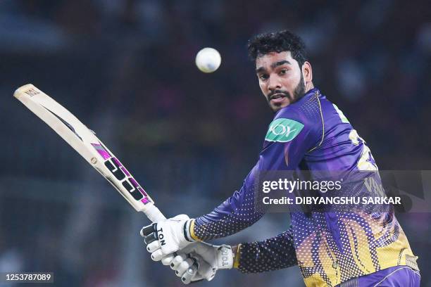 Kolkata Knight Riders' Venkatesh Iyer plays a shot during the Indian Premier League Twenty20 cricket match between Kolkata Knight Riders and...