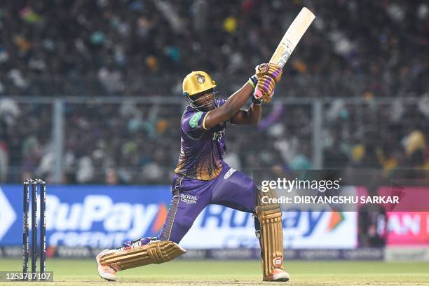 Kolkata Knight Riders' Andre Russell plays a shot during the Indian Premier League Twenty20 cricket match between Kolkata Knight Riders and Rajasthan...