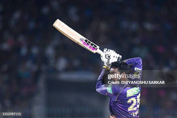 Kolkata Knight Riders' Venkatesh Iyer plays a shot during the Indian Premier League Twenty20 cricket match between Kolkata Knight Riders and...