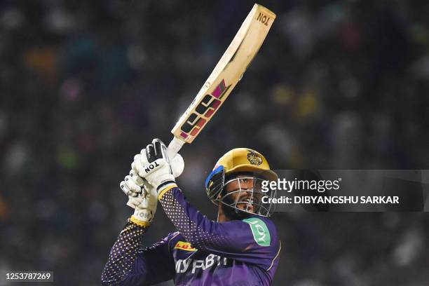 Kolkata Knight Riders' Venkatesh Iyer plays a shot during the Indian Premier League Twenty20 cricket match between Kolkata Knight Riders and...