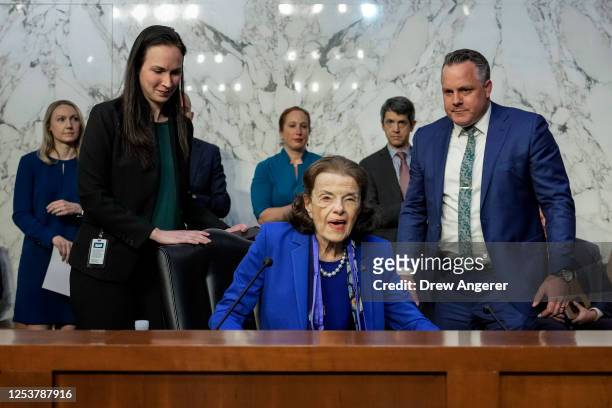 Sen. Dianne Feinstein arrives and takes her seat at a business hearing of the Senate Judiciary Committee on Capitol Hill May 11, 2023 in Washington,...