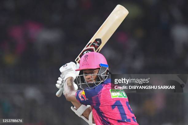 Rajasthan Royals' Yashasvi Jaiswal plays a shot during the Indian Premier League Twenty20 cricket match between Kolkata Knight Riders and Rajasthan...