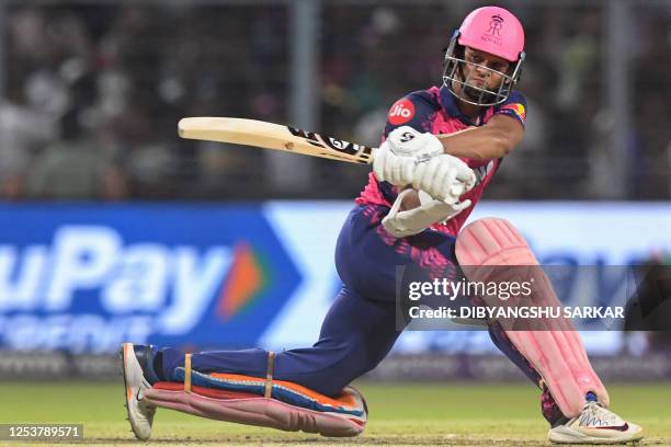 Rajasthan Royals' Yashasvi Jaiswal plays a shot during the Indian Premier League Twenty20 cricket match between Kolkata Knight Riders and Rajasthan...