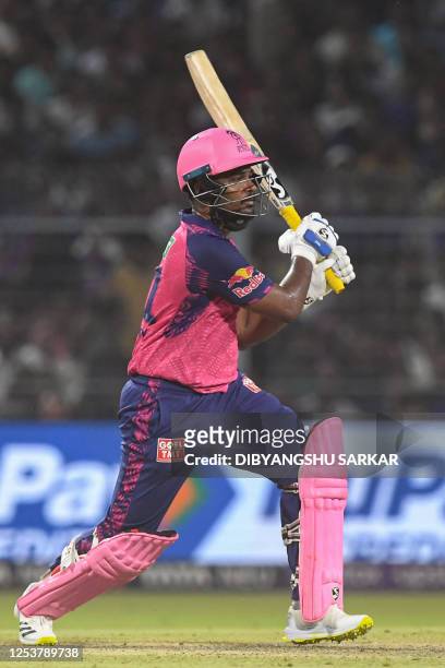 Rajasthan Royals' Sanju Samson plays a shot during the Indian Premier League Twenty20 cricket match between Kolkata Knight Riders and Rajasthan...
