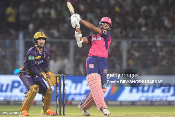 Rajasthan Royals' Yashasvi Jaiswal plays a shot during the Indian Premier League Twenty20 cricket match between Kolkata Knight Riders and Rajasthan...