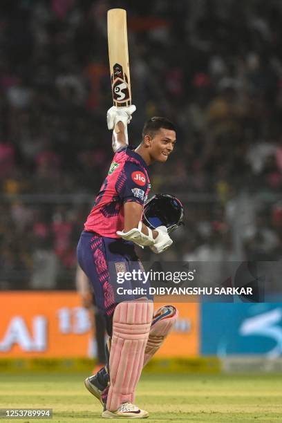 Rajasthan Royals' Yashasvi Jaiswal celebrates after winning the Indian Premier League Twenty20 cricket match between Kolkata Knight Riders and...