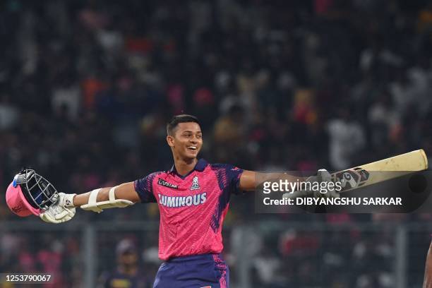 Rajasthan Royals' Yashasvi Jaiswal celebrates after winning the Indian Premier League Twenty20 cricket match between Kolkata Knight Riders and...