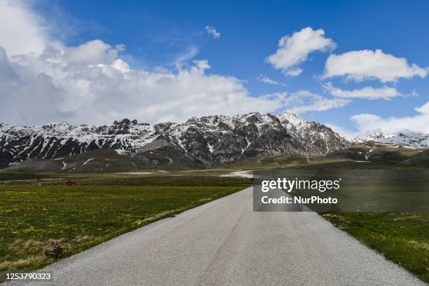 Road is seen in Campo Imperatore plateau, L'Aquila, on may 11, 2023. On may 12 Giro d'Italia will reach Campo Imperatore, a ski resort in Gran Sasso...