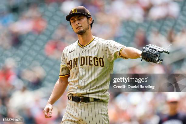 Yu Darvish of the San Diego Padres reacts to giving up a bases loaded walk to Joey Gallo of the Minnesota Twins to score a run in the second inning...