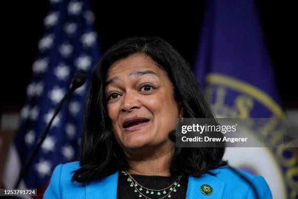 Rep. Pramila Jayapal speaks during a news conference with members of the Congressional Hispanic Caucus on Capitol Hill May 11, 2023 in Washington,...