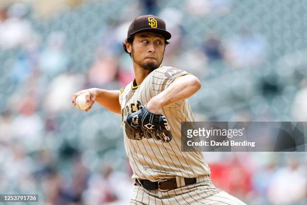 Yu Darvish of the San Diego Padres delivers a pitch against the Minnesota Twins in the first inning at Target Field on May 11, 2023 in Minneapolis,...