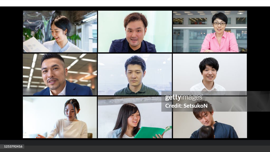 9人のアジアのビジネスパーソンとのビデオ会議の画面。