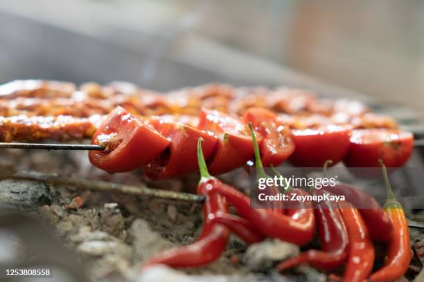 tomato and red pepper on grill - adana stock pictures, royalty-free photos & images