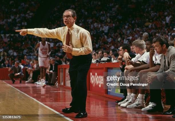 Dave Odom, Head Coach for the Wake Forest Demon Deacons gives instructions to his players during the NCAA Atlantic Coast Conference college...