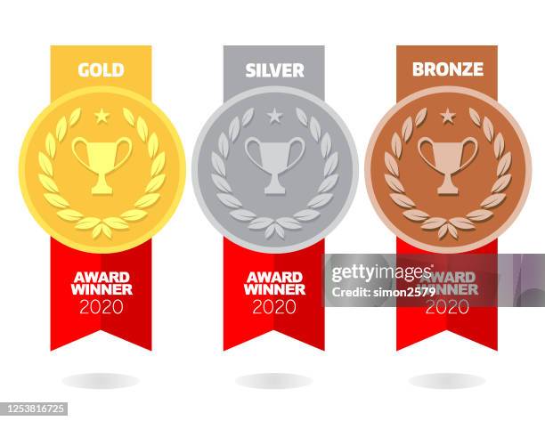 ilustraciones, imágenes clip art, dibujos animados e iconos de stock de medallas ganadoras de oro, plata y bronce - gold medal