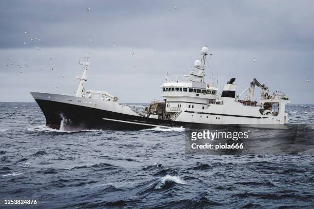 barco de barco de pescado que pesca en un mar agitado: arrastrero industrial - arenque fotografías e imágenes de stock