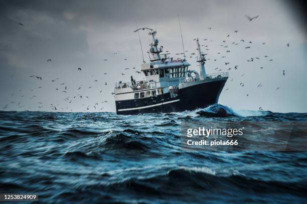 bateau de pêche de bateau pêchant dans une mer rugueuse : chalutier industriel - bateau de pêche photos et images de collection