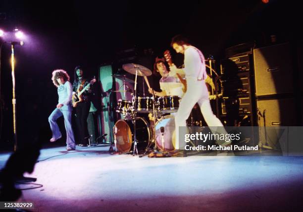 Roger Daltrey, John Entwistle, Keith Moon and Pete Townshend of The Who perform on stage on 'Popgala' TV show, 10th March 1973, Voorburg, Netherlands.