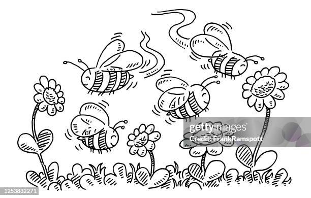 cartoon bees and flowers drawing - fly insect stock illustrations