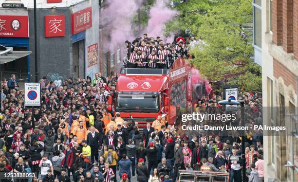 Sheffield United players on an open bus parade from Bramall Lane to Sheffield Town Hall. Sheffield United secured promotion back to the Premier...