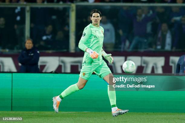 Marwin Hitz of FC Basel 1893 controls the ball during the UEFA Europa Conference League semi-final first leg match between ACF Fiorentina and FC...