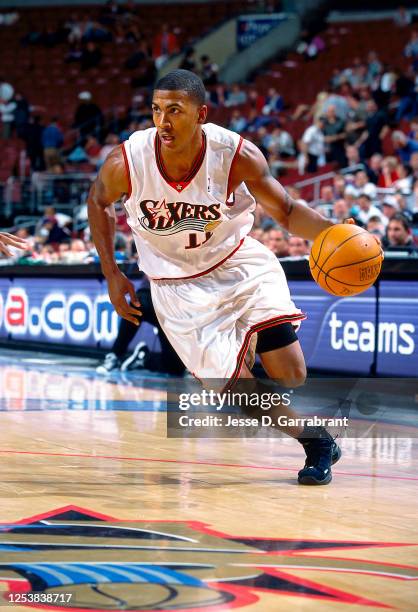 Raja Bell of the Philadelphia 76ers drives against the Milwaukee Bucks in Game two of the 2001 Eastern Conference Finals on May 24, 2001 at the First...