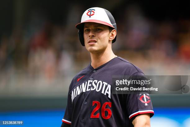 Max Kepler of the Minnesota Twins looks on after hitting an RBI single against the San Diego Padres in the seventh inning at Target Field on May 11,...
