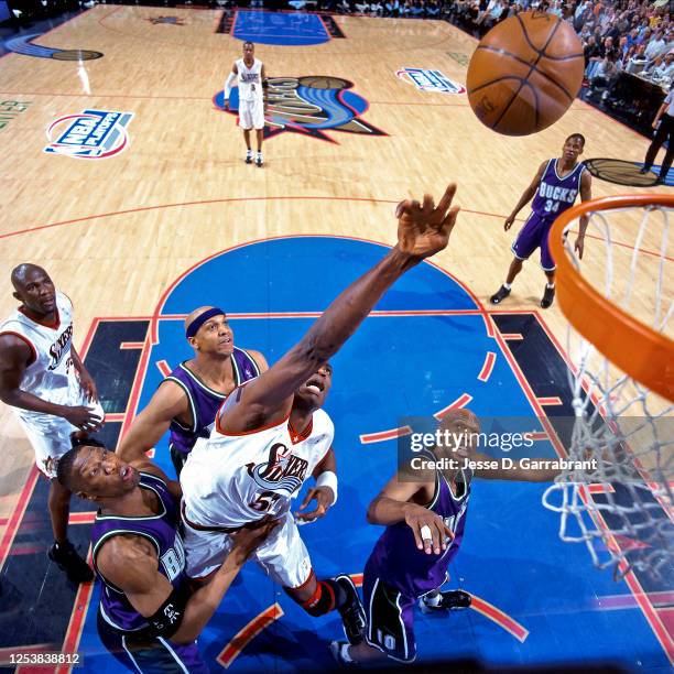 Dikembe Mutombo of the Philadelphia 76ers shoots against the Milwaukee Bucks in Game one of the 2001 Eastern Conference Finals on May 22, 2001 at the...