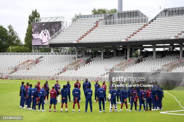 The West Indies team observe a minutes silence in memory of former West Indies batsman Sir Everton Weekes who passed away the day before prior to the...