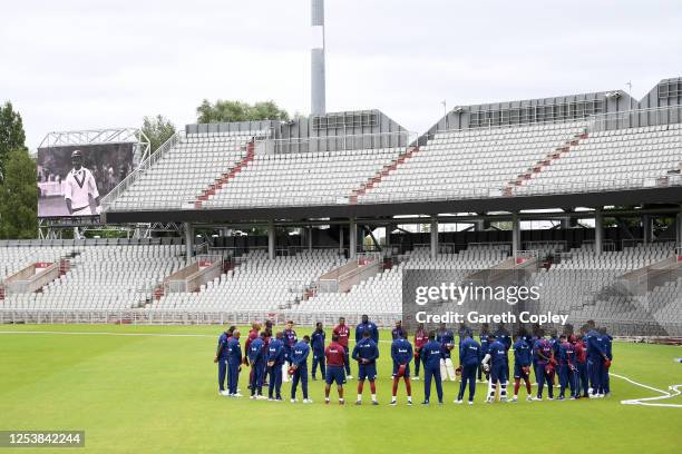 The West Indies team observe a minutes silence in memory of former West Indies batsman Sir Everton Weekes who passed away the day before prior to the...