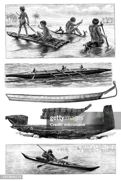 old engraved illustration of ships and people - inuit kayak stock pictures, royalty-free photos & images