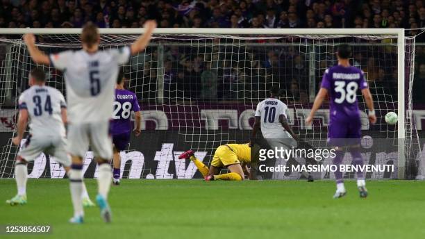 Basel players celebrate scoring an equalizer during the UEFA Conference League semi-final first leg football match between Fiorentina and Basel on...