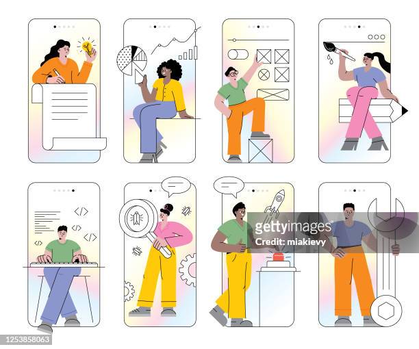 ilustraciones, imágenes clip art, dibujos animados e iconos de stock de conjunto de desarrollo de aplicaciones móviles - women