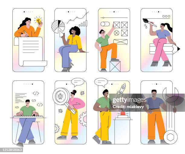 ilustrações de stock, clip art, desenhos animados e ícones de mobile app development set - people