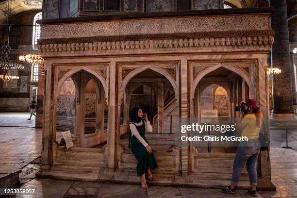Tourists visit Istanbul's famous Hagia Sophia on July 02, 2020 in Istanbul, Turkey. Turkey's Council of State will begin a review today of the...