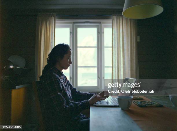 woman sitting at table and using laptop - cabin scandinavia stock pictures, royalty-free photos & images